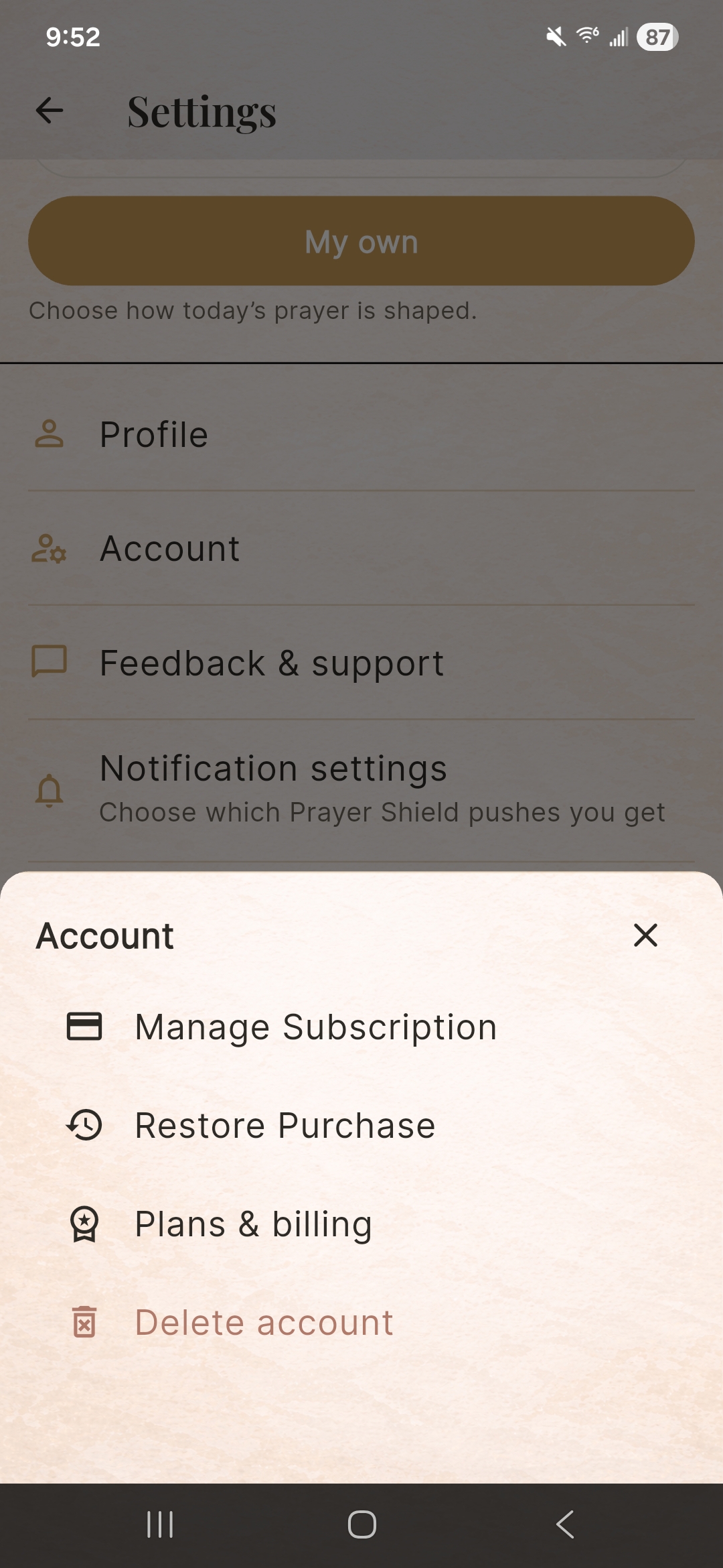 Prayer Shield Settings with the Account sheet open, showing Manage Subscription, Restore Purchase, Plans & billing, and Delete account.